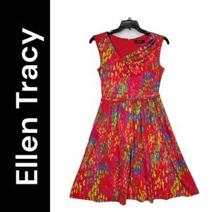 Ellen Tracy Women Multicolored Flare Sleeveless Stretch Dress Career Formal Sz 8